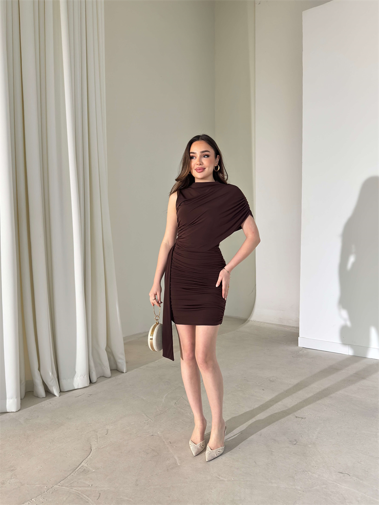 Drapeli Şal Detaylı Lenrom Kahve Kadın Elbise 26Y011