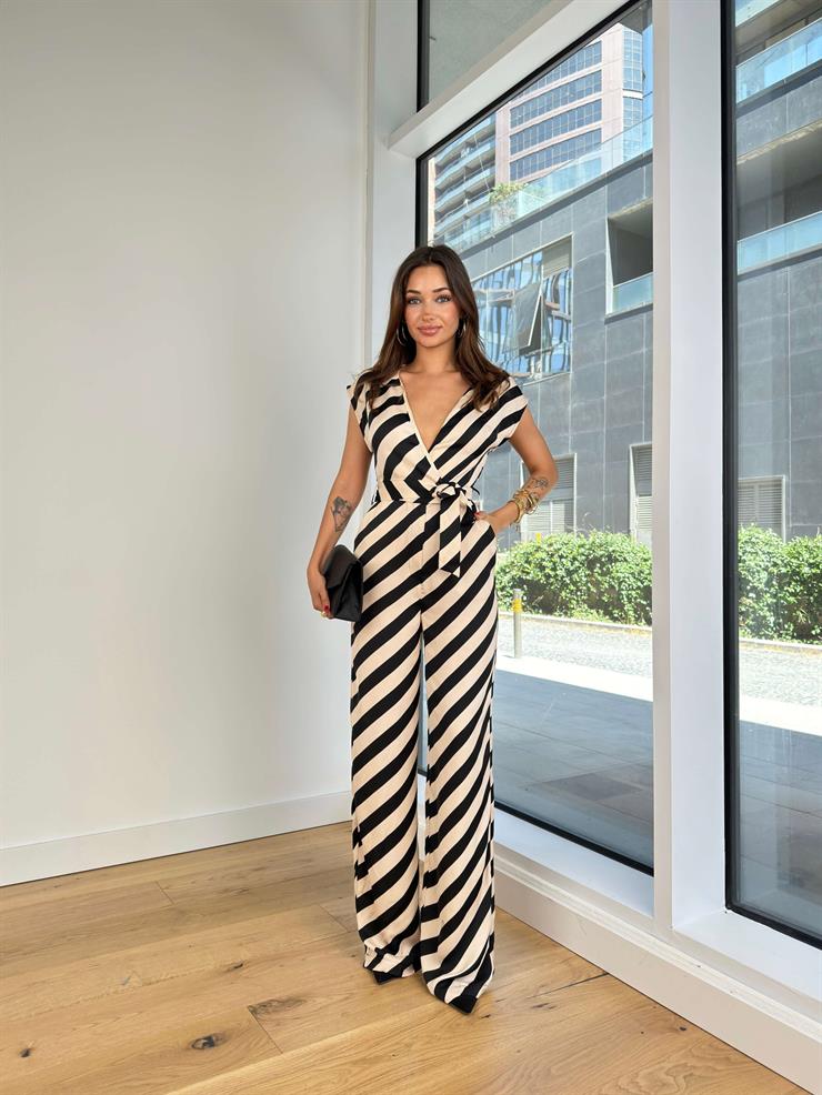 V Yaka Belden Kuşaklı Çizgili Leocadi Kadın Ekru Tulum 24Y835