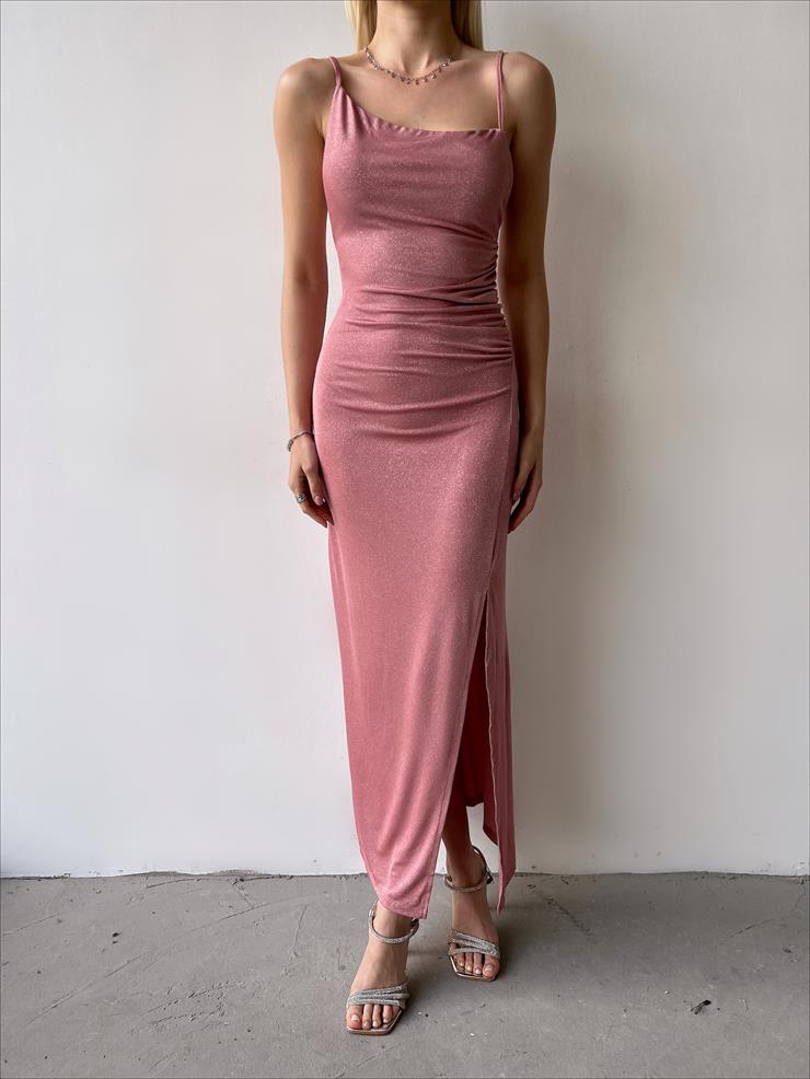 Asimetrik Yaka Sırt Dekolteli Leomar Kadın Pudra Simli Elbise 23Y000271