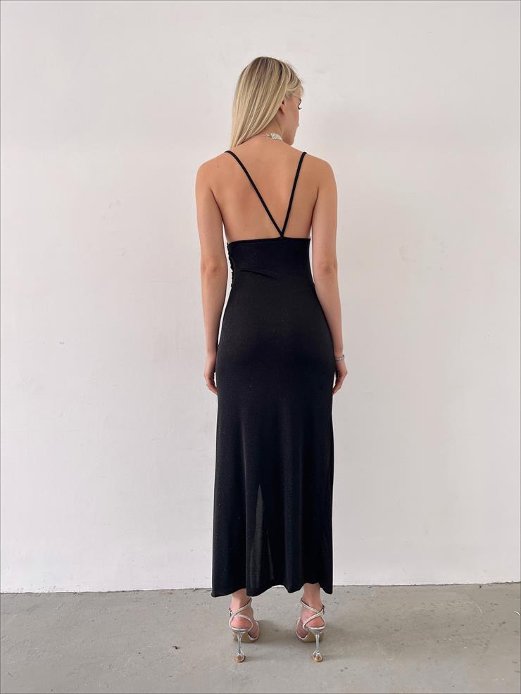 Asimetrik Yaka Sırt Dekolteli Leomar Kadın Siyah Simli Elbise 23Y000271