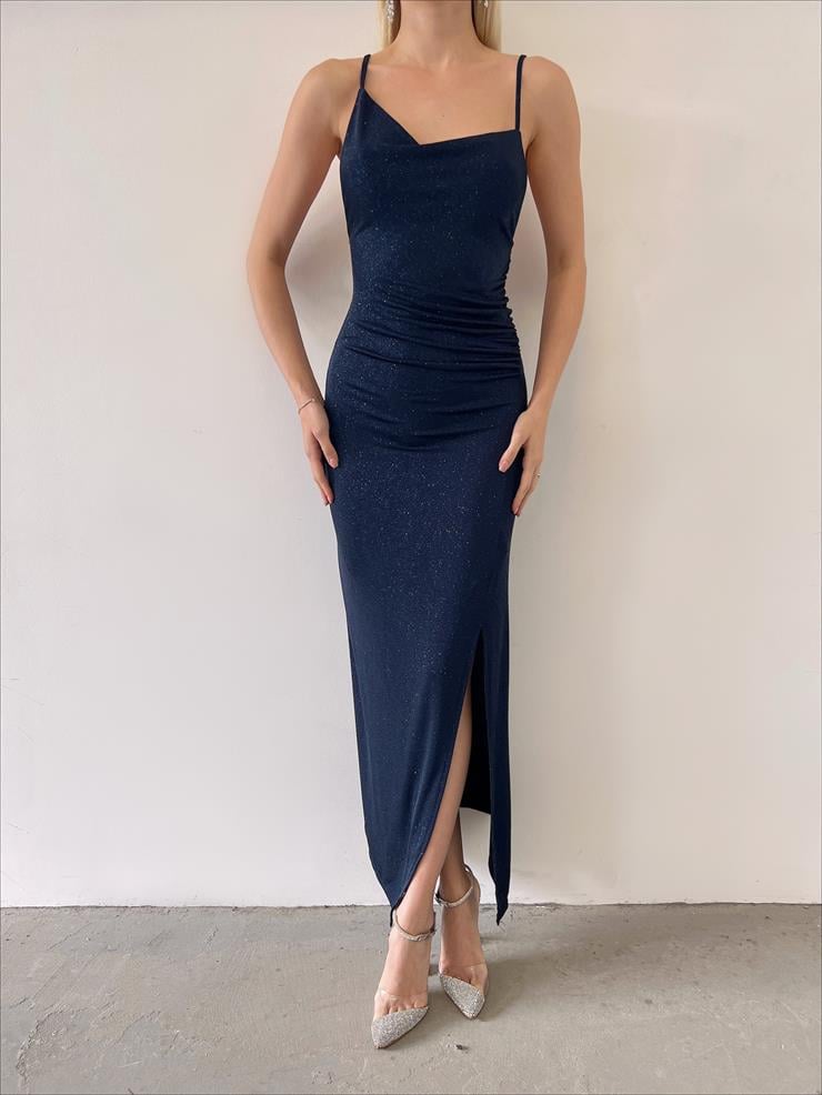 Asimetrik Yaka Sırt Dekolteli Leomar Kadın Lacivert Simli Elbise 23Y000271