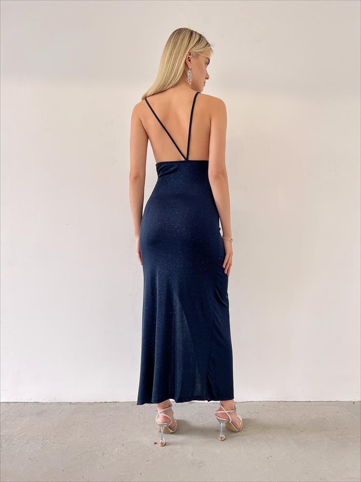 Asimetrik Yaka Sırt Dekolteli Leomar Kadın Lacivert Simli Elbise 23Y000271