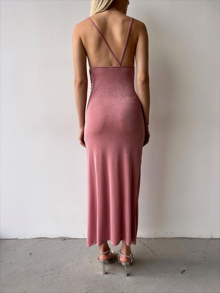 Asimetrik Yaka Sırt Dekolteli Leomar Kadın Pudra Simli Elbise 23Y000271