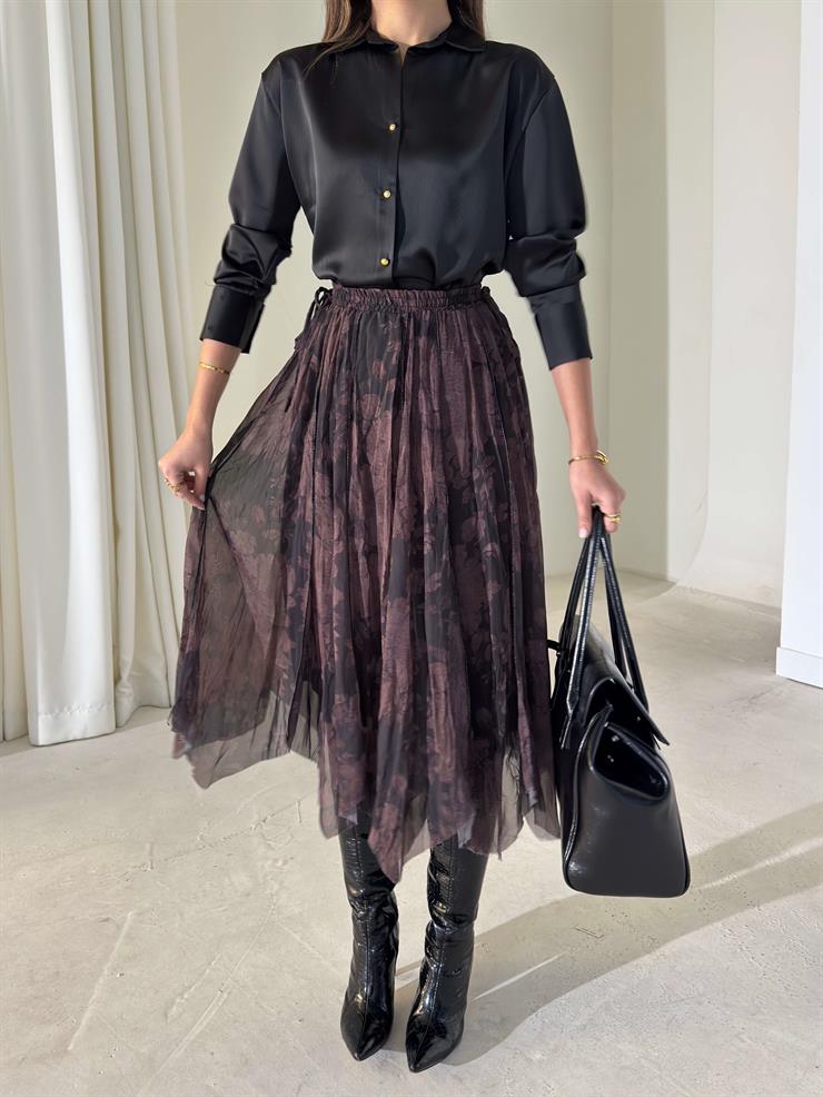 Desenli Asimetrik Kesim Şifon Pileli Leonard Kahve Kadın Etek 26K415