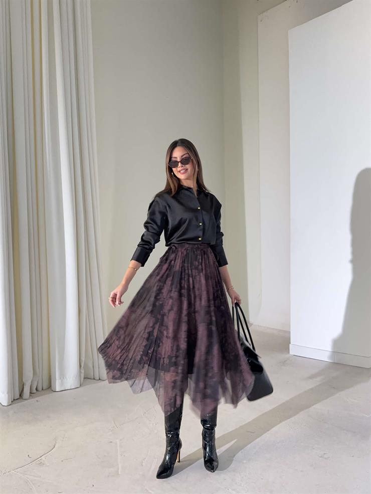 Desenli Asimetrik Kesim Şifon Pileli Leonard Kahve Kadın Etek 26K415