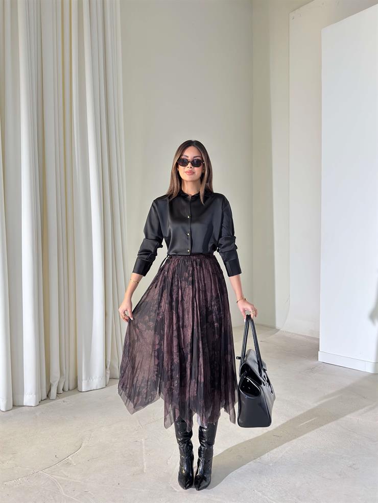 Desenli Asimetrik Kesim Şifon Pileli Leonard Kahve Kadın Etek 26K415