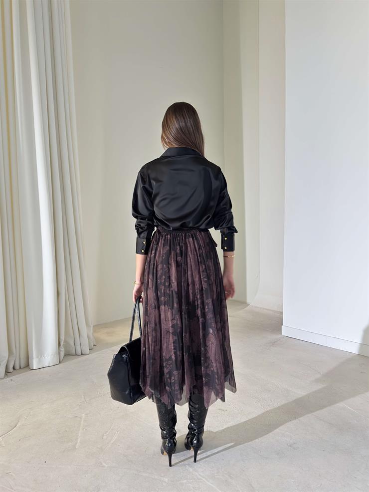 Desenli Asimetrik Kesim Şifon Pileli Leonard Kahve Kadın Etek 26K415