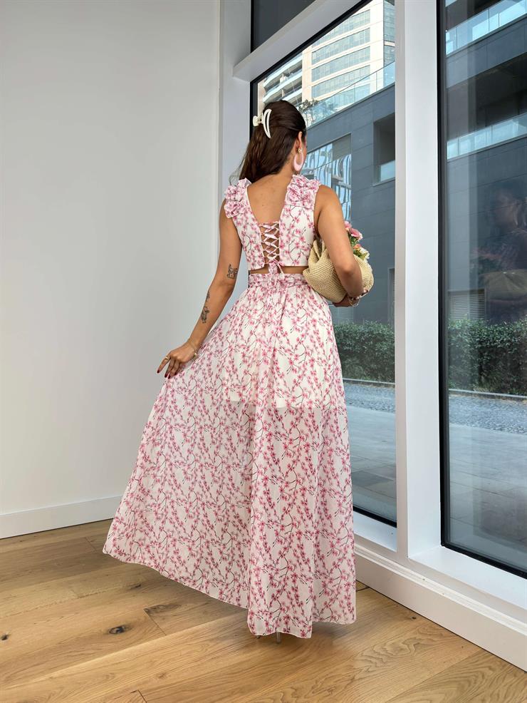 Askısı Ve Etek Kısmı Fırfır Detaylı V Yaka Arkası Çapraz Bağlamalı Leonel Kadın Pembe Maxi Elbise 24Y594
