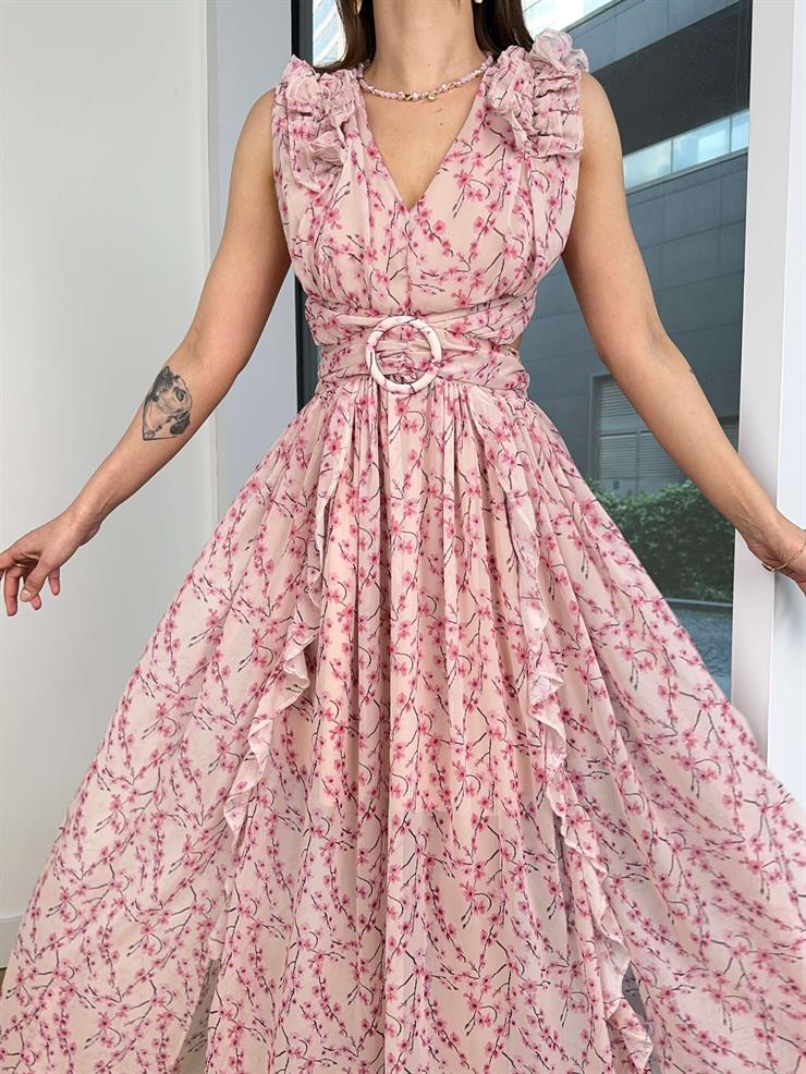 Askısı Ve Etek Kısmı Fırfır Detaylı V Yaka Arkası Çapraz Bağlamalı Leonel Kadın Pudra Maxi Elbise 24Y594