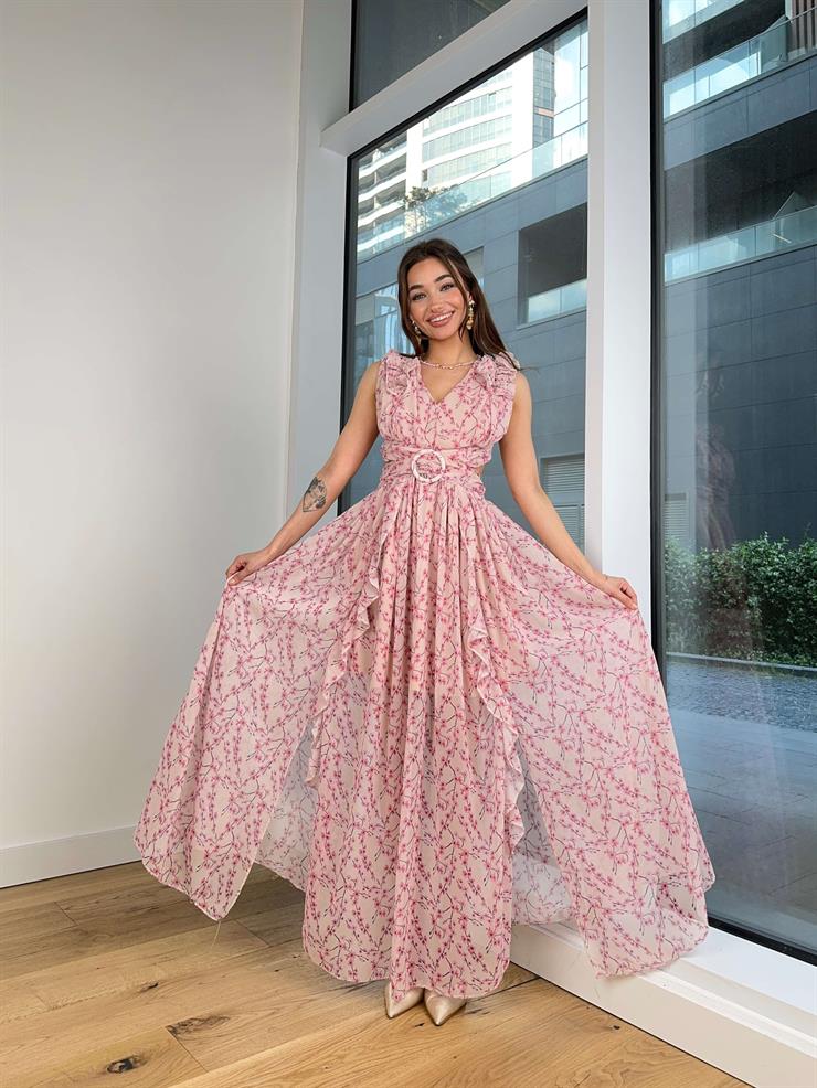 Askısı Ve Etek Kısmı Fırfır Detaylı V Yaka Arkası Çapraz Bağlamalı Leonel Kadın Pudra Maxi Elbise 24Y594