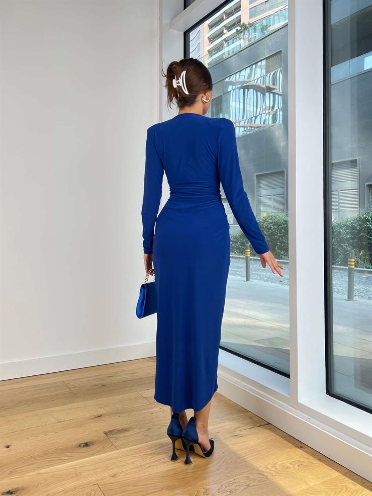 Omuz Vatkalı V Yaka Uzun Kol Leonid Kadın Saks Midi Elbise 25K060