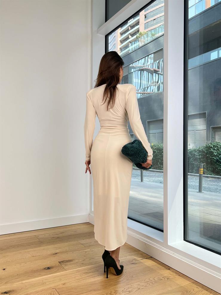 Omuz Vatkalı V Yaka Uzun Kol Leonid Kadın Taş Midi Elbise 25K060