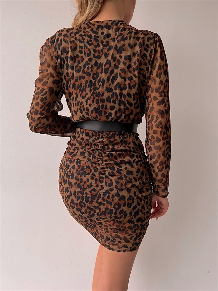 Leopar Kruvaze Yaka Fırfırlı Mita Kadın Renkli Elbise 22K000525