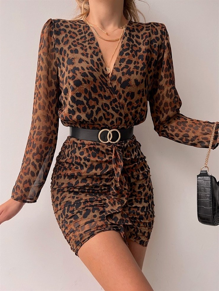 Leopar Kruvaze Yaka Fırfırlı Mita Kadın Renkli Elbise 22K000525