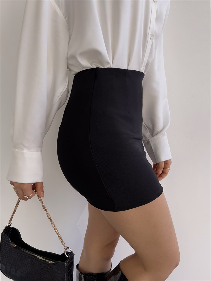 Yüksek Bel Yırtmaçlı Mini Lera Kadın Siyah Etek 23K000364