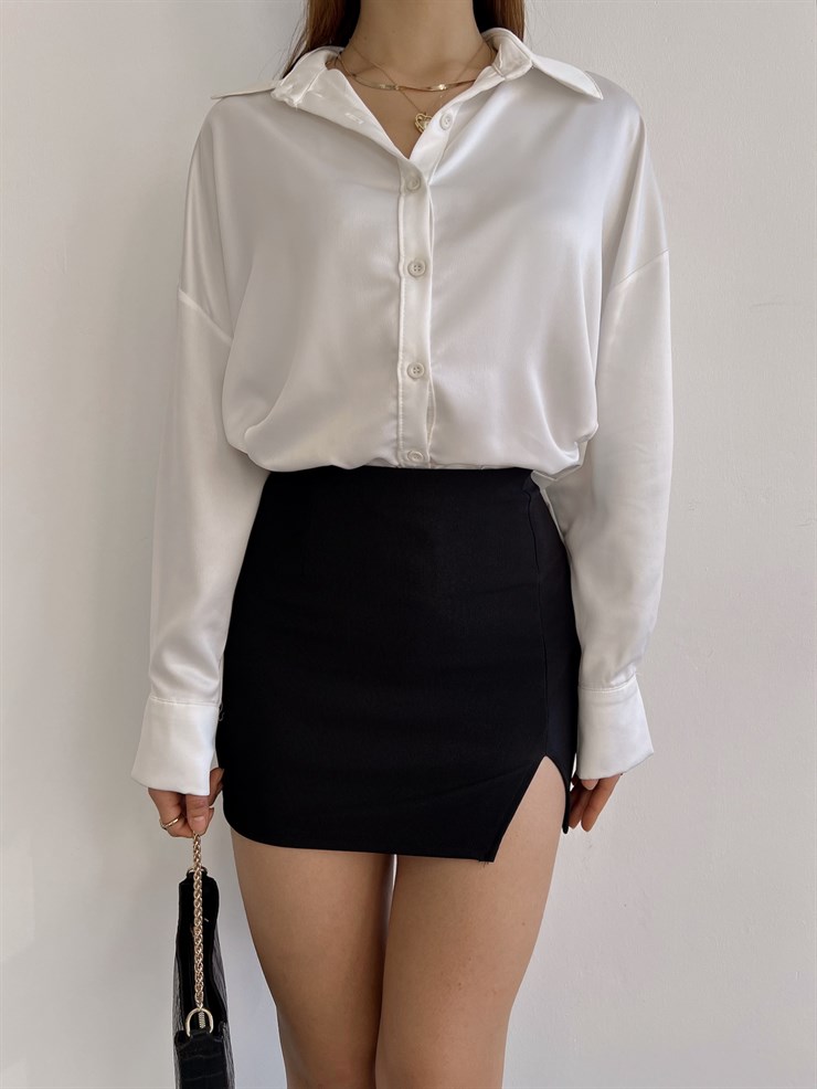 Yüksek Bel Yırtmaçlı Mini Lera Kadın Siyah Etek 23K000364