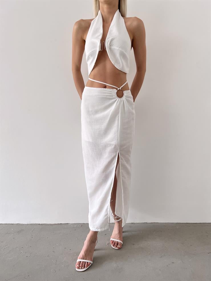 Göğüs Ve Sırt Dekolteli Boyun Detaylı Crop Aksesuar Detaylı Yırtmaçlı Etek Leri Kadın Beyaz Keten Takım 23Y000398