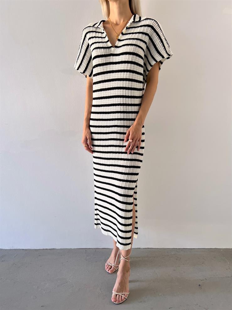 Polo Yaka Geniş Kollu Leroy Kadın Ekru Çizgili Elbise 23Y000564