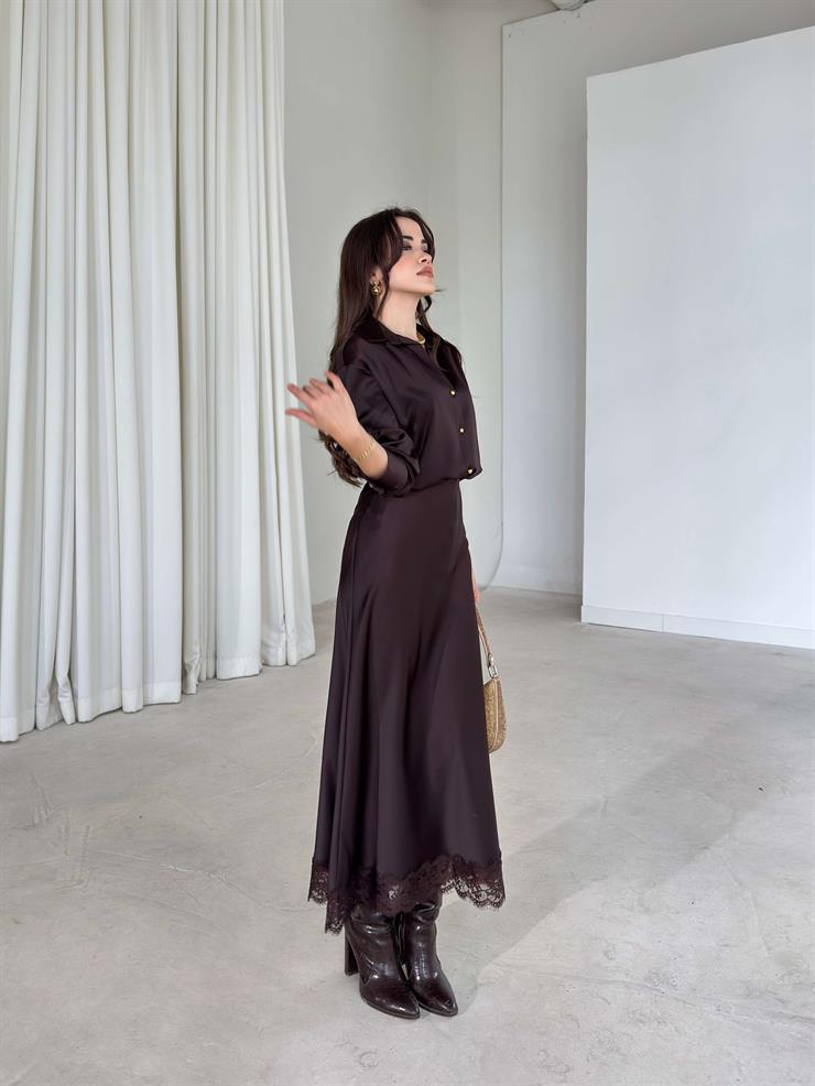 Altı Dantelli Lerrina Kahve Kadın Saten Etek 26K381