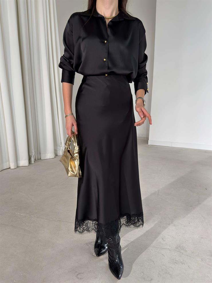 Altı Dantelli Lerrina Siyah Kadın Saten Etek 26K381