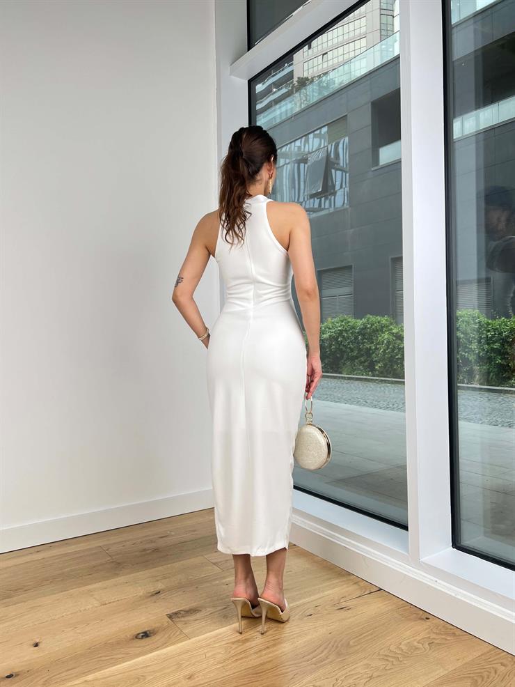 Boyundan Çiçek Detaylı Drapeli Eteği Yırtmaçlı Leslie Kadın Ekru Midi Elbise 24Y409