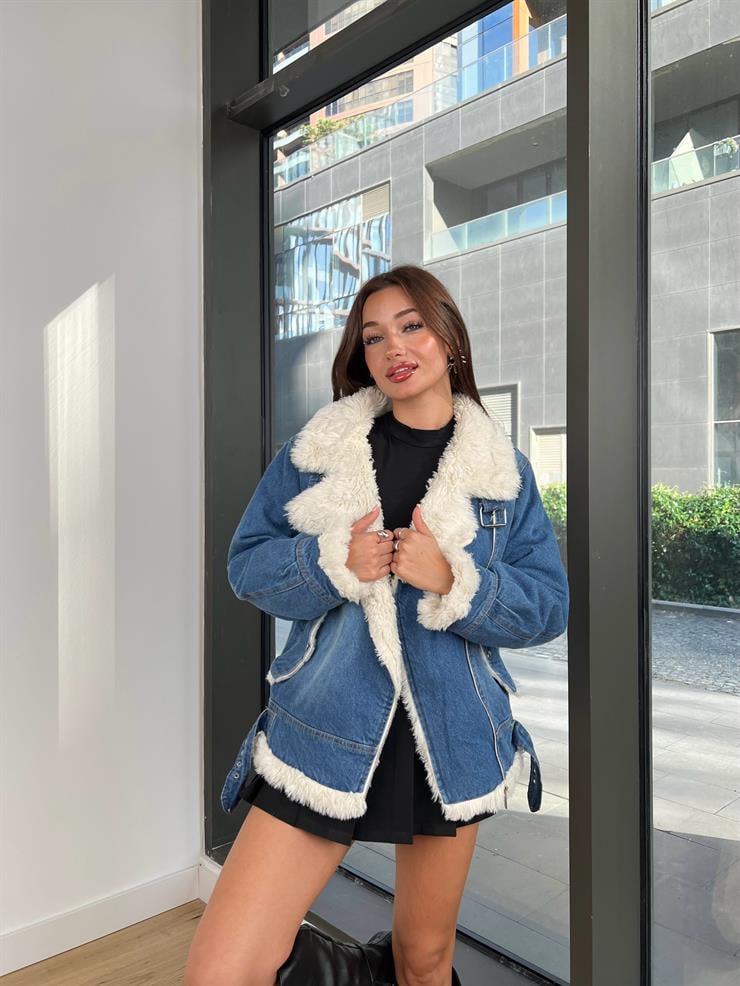 İçi Kürklü Leticia Kadın Mavi Denim Mont 24k207