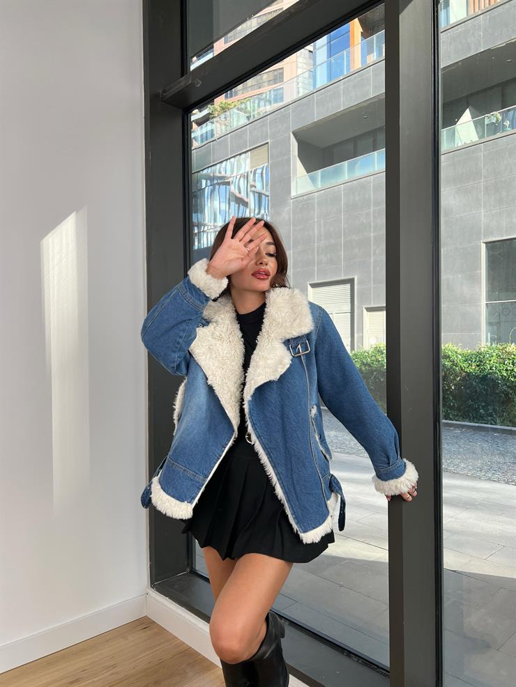 İçi Kürklü Leticia Kadın Mavi Denim Mont 24k207