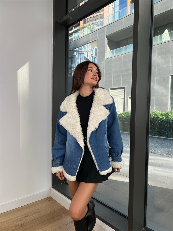 İçi Kürklü Leticia Kadın Mavi Denim Mont 24k207