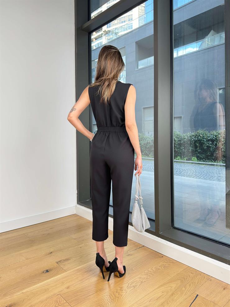 Kolsuz Kruvaze Yaka Pens Detaylı Paçası Dar Letus Siyah Kadın Tulum 25Y209