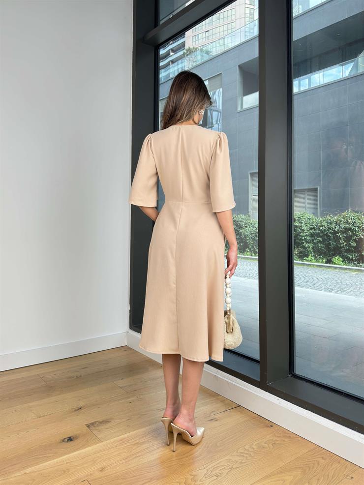 Kruvaze Yandan Bağlamalı Yarım Kol Leybıl Bej Kadın Midi Elbise 25Y207