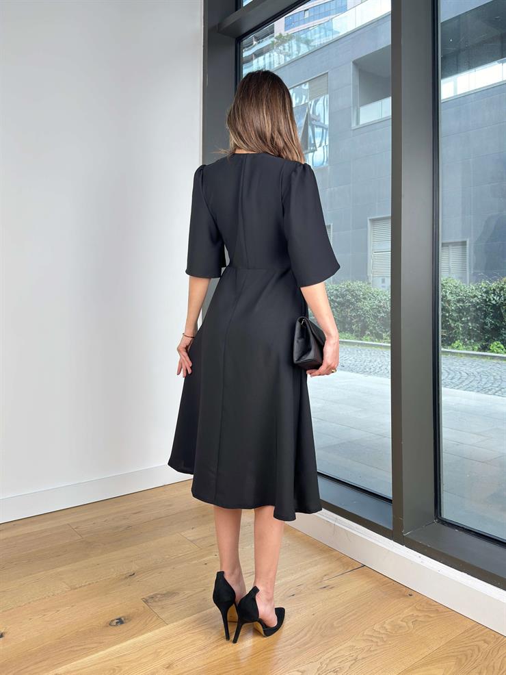 Kruvaze Yandan Bağlamalı Yarım Kol Leybıl Siyah Kadın Midi Elbise 25Y207