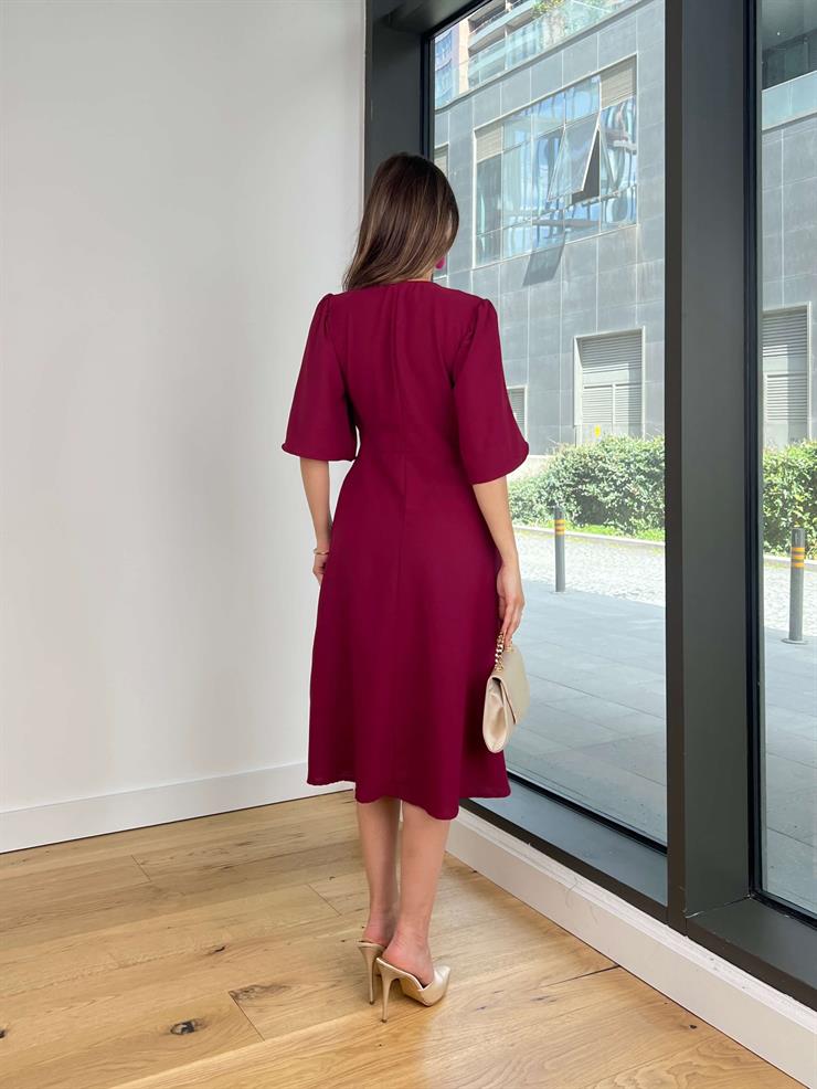 Kruvaze Yandan Bağlamalı Yarım Kol Leybıl Bordo Kadın Midi Elbise 25Y207