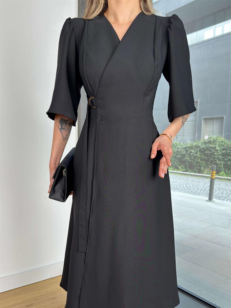 Kruvaze Yandan Bağlamalı Yarım Kol Leybıl Siyah Kadın Midi Elbise 25Y207