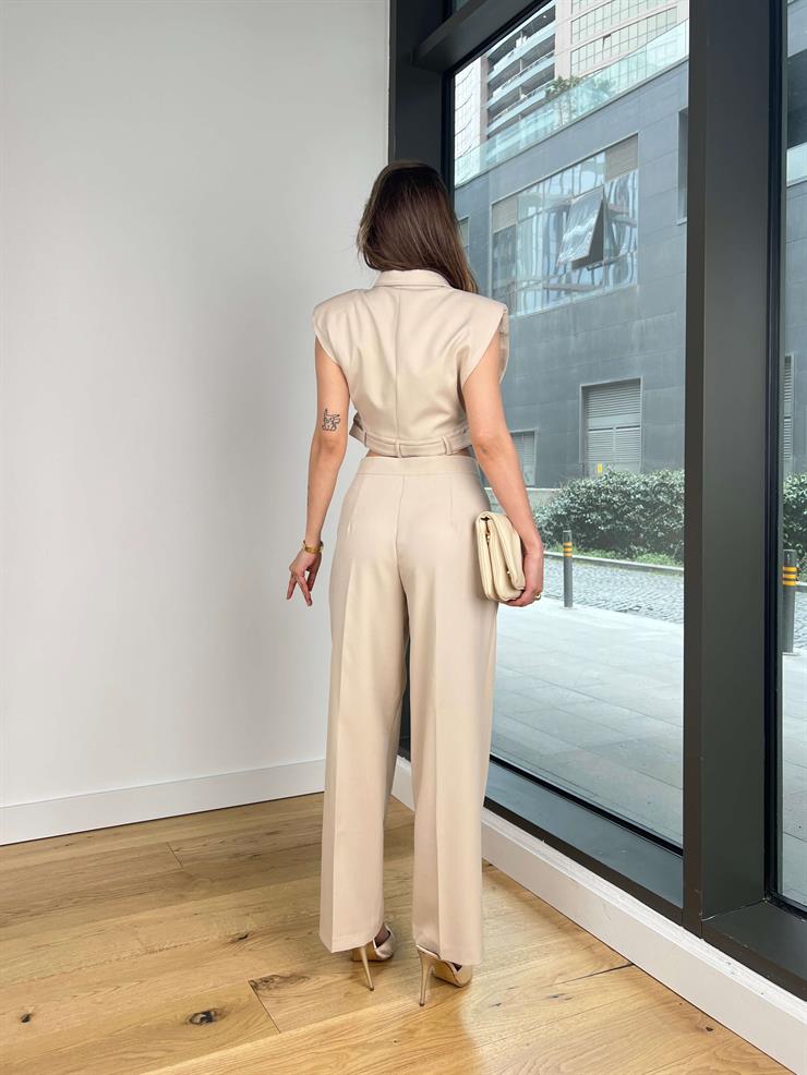 Kolsuz Crop Ceket Pens Detaylı Yüksek Bel Pantolon Leyn Taş Kadın Takım 25Y208