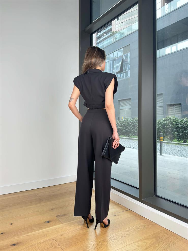Kolsuz Crop Ceket Pens Detaylı Yüksek Bel Pantolon Leyn Siyah Kadın Takım 25Y208