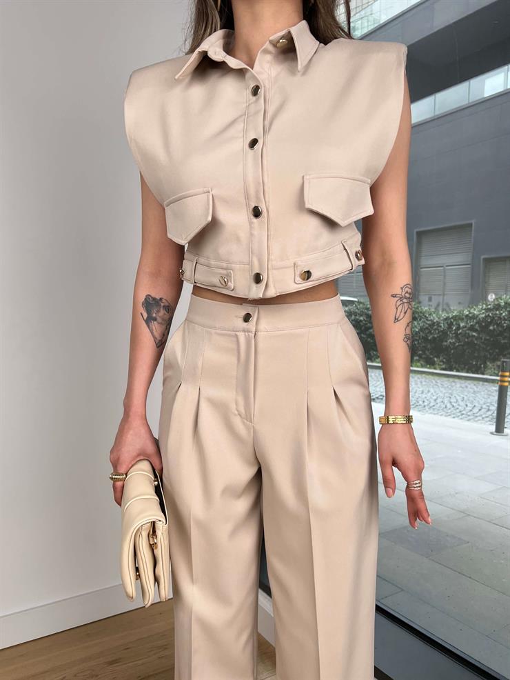 Kolsuz Crop Ceket Pens Detaylı Yüksek Bel Pantolon Leyn Taş Kadın Takım 25Y208