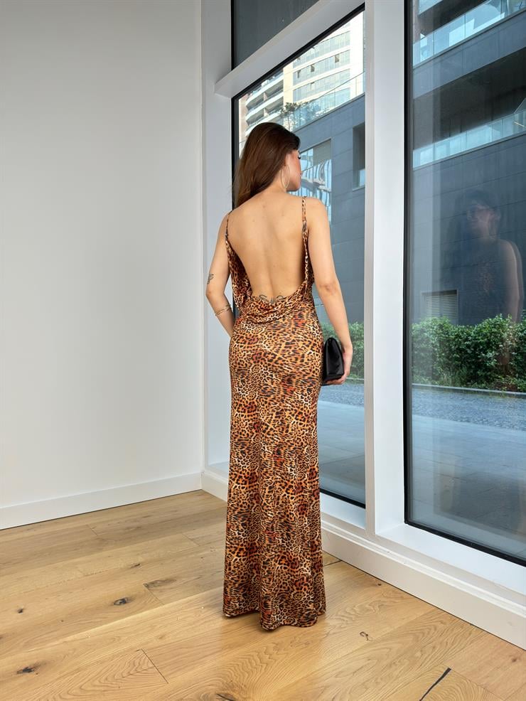 Degaje Yaka Sırt Dekolteli Liam Kadın Leopar Maxi Elbise 24Y523