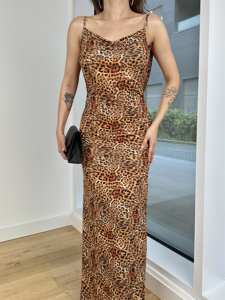 Degaje Yaka Sırt Dekolteli Liam Kadın Leopar Maxi Elbise 24Y523