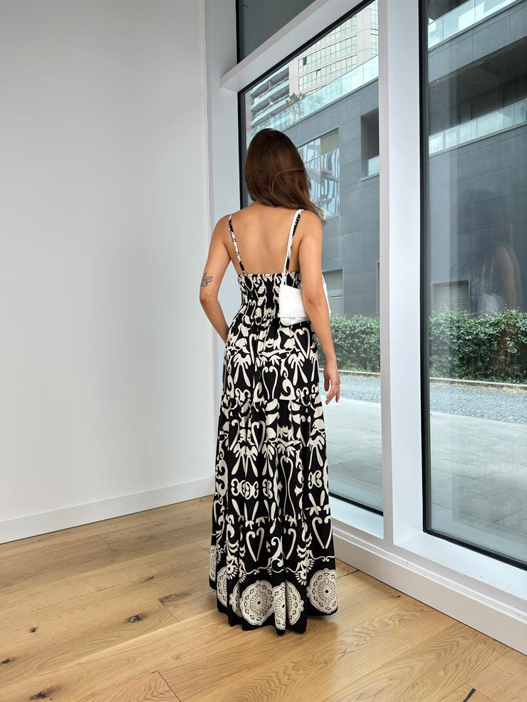 Ayarlanabilir Askılı Belden Oturtmalı Arkası Gipeli Lidie Kadın Desenli Siyah Uzun Elbise 24Y794