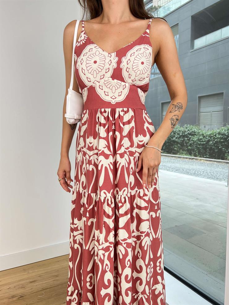 Ayarlanabilir Askılı Belden Oturtmalı Arkası Gipeli Lidie Kadın Desenli Kahve Uzun Elbise 24Y794