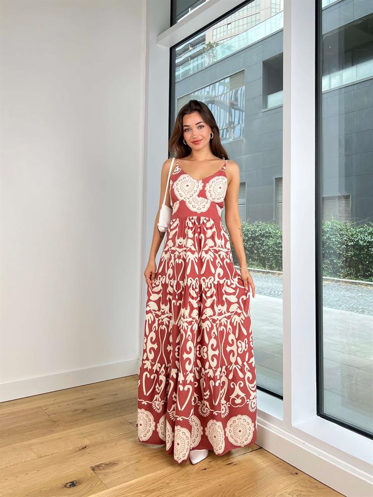 Ayarlanabilir Askılı Belden Oturtmalı Arkası Gipeli Lidie Kadın Desenli Kahve Uzun Elbise 24Y794