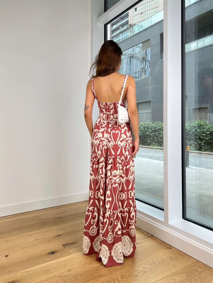 Ayarlanabilir Askılı Belden Oturtmalı Arkası Gipeli Lidie Kadın Desenli Kahve Uzun Elbise 24Y794