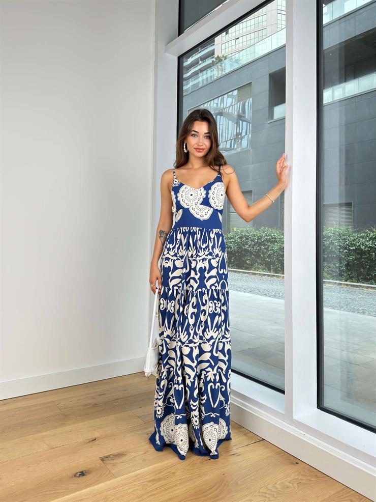 Ayarlanabilir Askılı Belden Oturtmalı Arkası Gipeli Lidie Kadın Desenli Mavi Uzun Elbise 24Y794