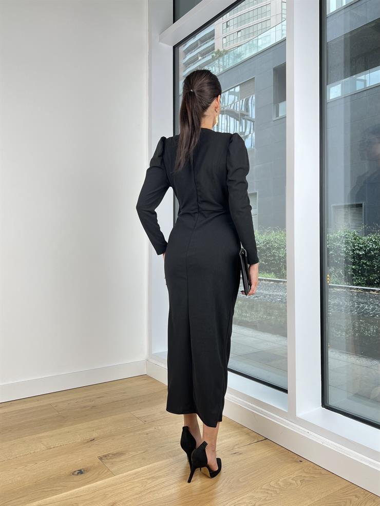 Kruvaze Yaka Fiyonk Detaylı Yırtmaçlı Liked Kadın Siyah Elbise 25K123