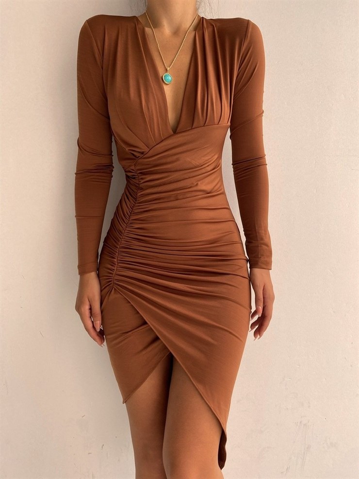 Likralı Eteği Kruvaze Drapeli Lisa Kadın Kahverengi Elbise 22K000003