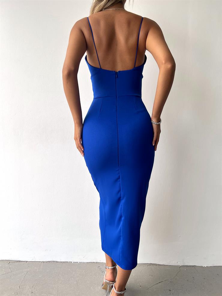 Likralı İnce Askı Yırtmaçlı Kadın Mavi Kalem Elbise 21Y000275