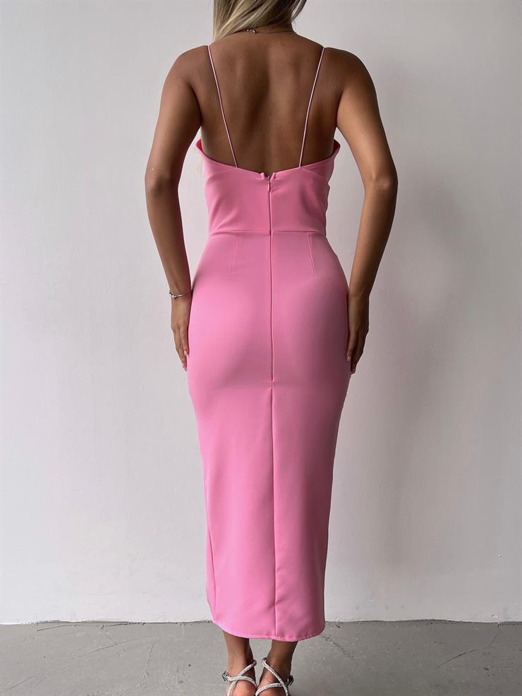 Likralı İnce Askı Yırtmaçlı Kadın Pembe Kalem Elbise 21Y000275