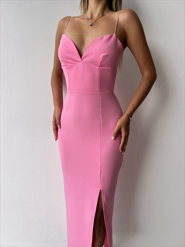 Likralı İnce Askı Yırtmaçlı Kadın Pembe Kalem Elbise 21Y000275