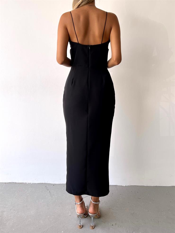 Likralı İnce Askı Yırtmaçlı Kadın Siyah Kalem Elbise 21Y000275