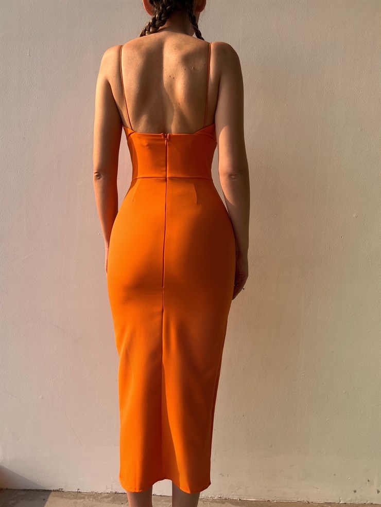 Likralı İnce Askı Yırtmaçlı Kadın Turuncu Kalem Elbise 21Y000275